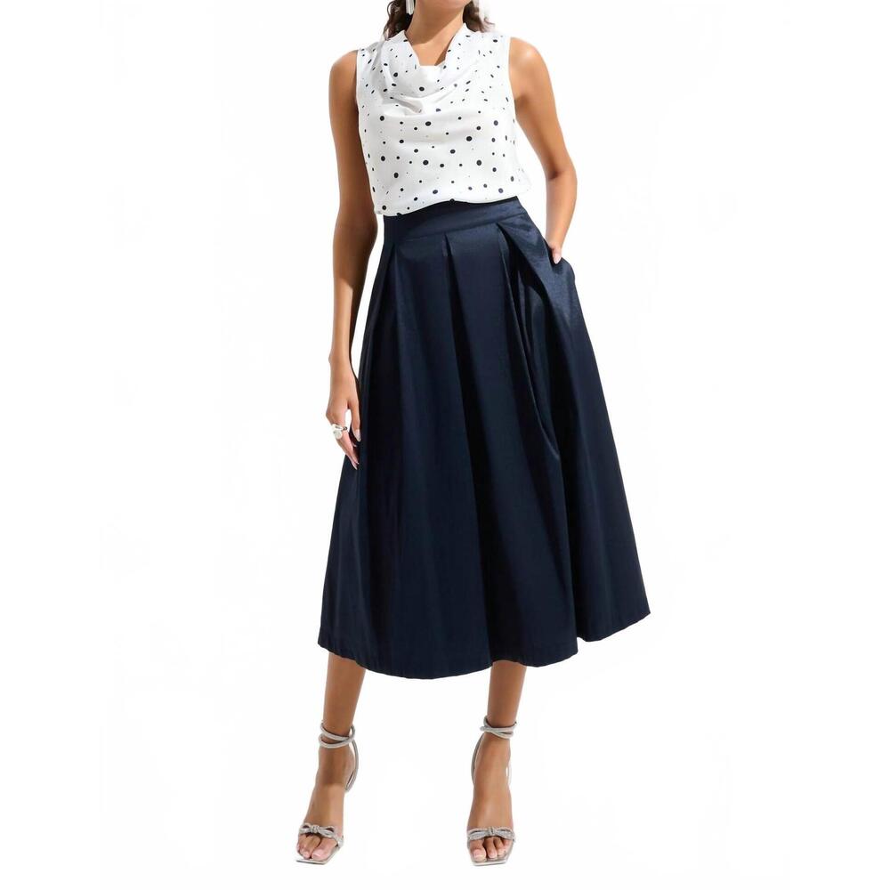 NEW JOSEPH RIBKOFF stretch taffeta flared skirt with box pleats in midnight blue